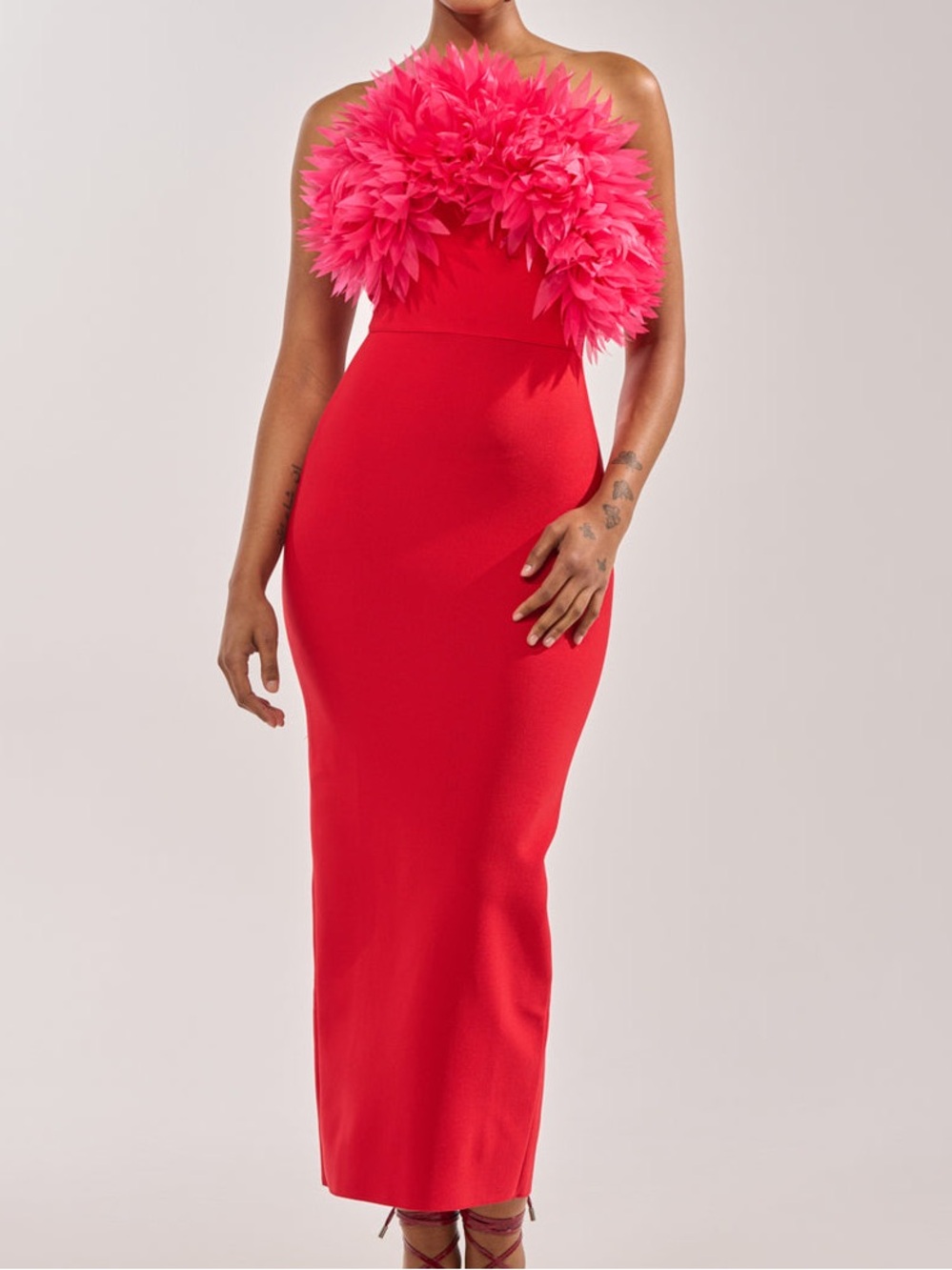 Akira 1X Heart on my sleeve midi bandage Strapless Red Feather-Trim Column Dress